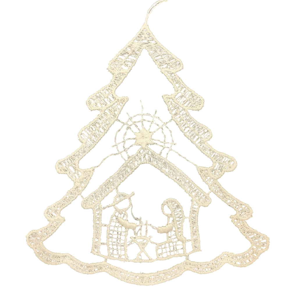 Pinnacle Peak Trading Nativity Scene Inside Christmas Tree White Lace Hanging Ornament Set of 6
