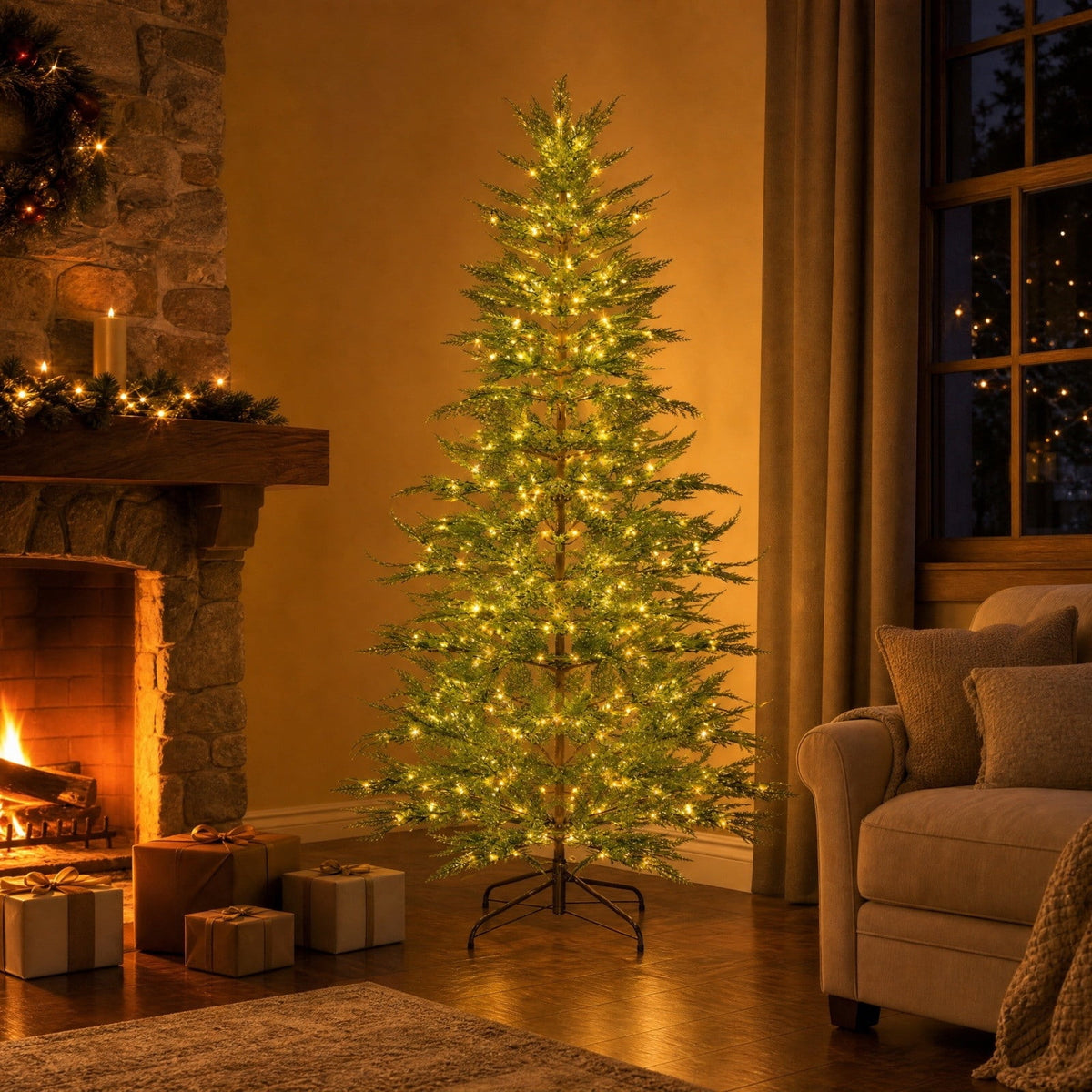 Pre-Lit Artificial Christmas Tree with 100 Warm White LED Lights, Realistic Hinged Green Christmas Tree with Foldable Metal Stand, Easy Setup Indoor Christmas Decor for Home, Office & Holiday Party