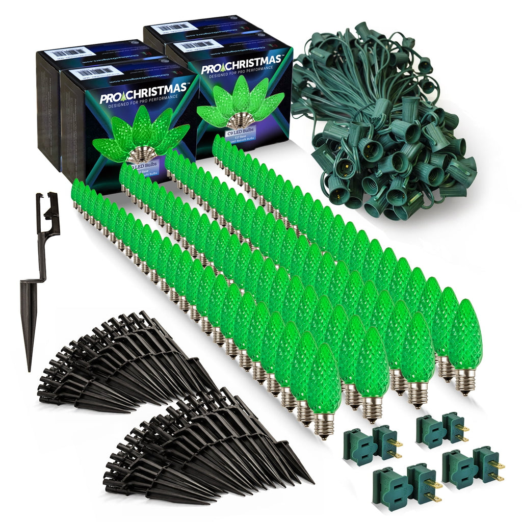 Christmas Designers C9 LED Christmas Light Kit, 100 Green Bulbs, 100' Green Wire, 12" Spacing, 7.5" Pathway Stakes