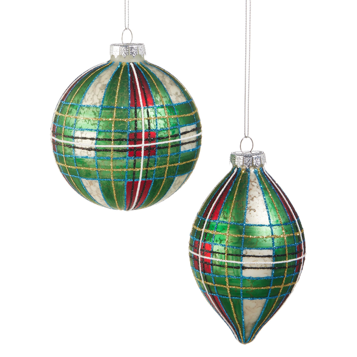 RAZ Imports 4" Green Tartan Plaid Ball and Finial Glass Christmas Ornaments - Set of 2