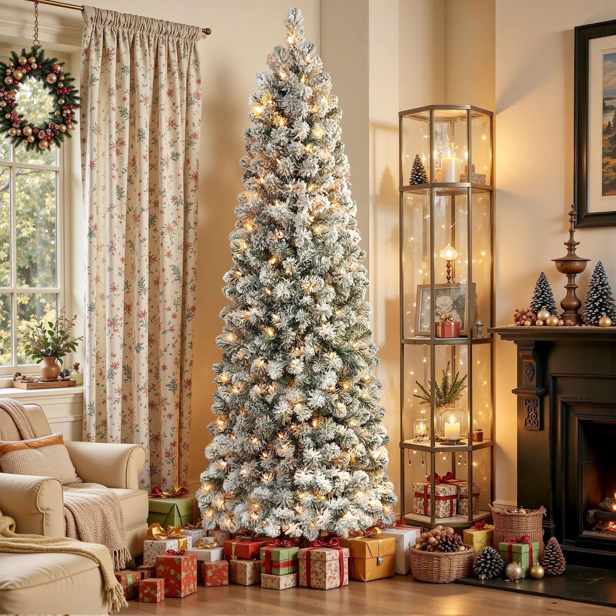 Lolsea 4.5ft Prelit Snow Flocked Artificial Pencil Christmas Tree with Warm White Lights, Full Branch Tips, Perfect Choice Decoration for Xmas Holiday