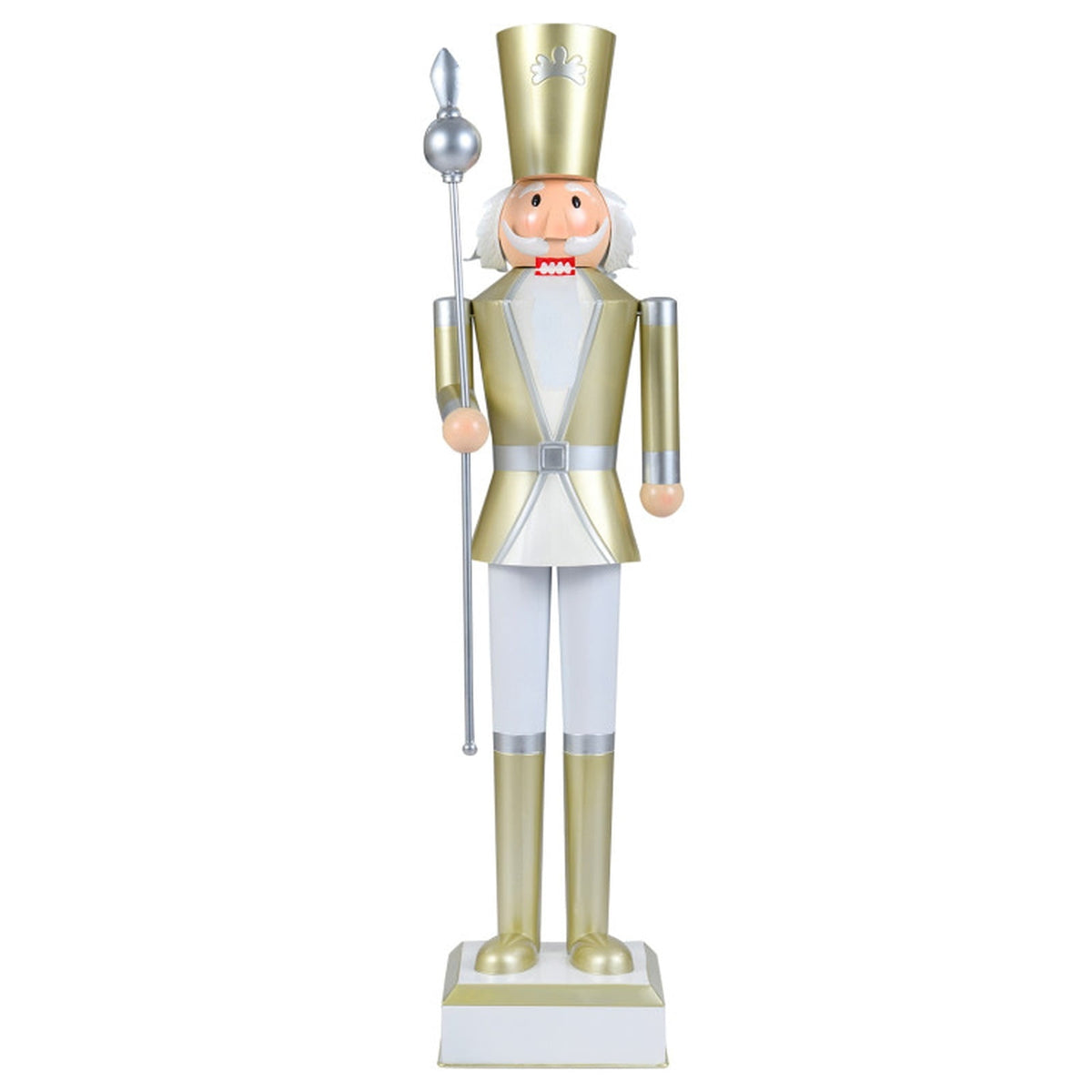 RUIE 4FT Christmas Nutcracker with High Hat and Scepter, White & Golden Metal Nutcracker Soldier with Hidden Storage for Indoor Outdoor Holiday