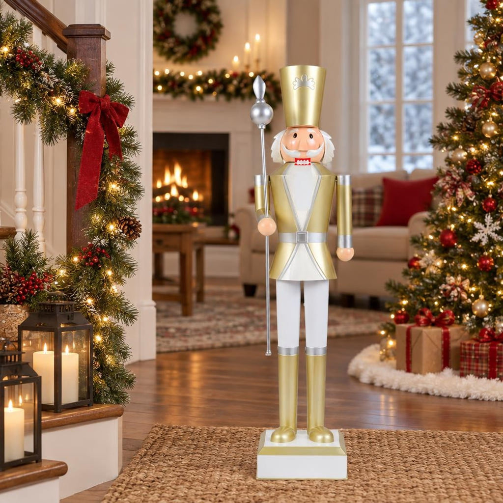 RUIE Christmas Nutcracker with High Hat & Beautiful Scepter-White & Golden, 4 FT, White, 10.5" x 10.5" x 4' Overall, Metal Construction