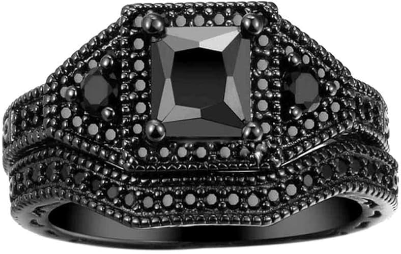 Rag Jewels 925 Sterling Silver 2.00 Ct Princess Cut Black Diamond Wedding Engagement Christmas Bridal Ring Set 14K Black Gold Plated For Women's -5