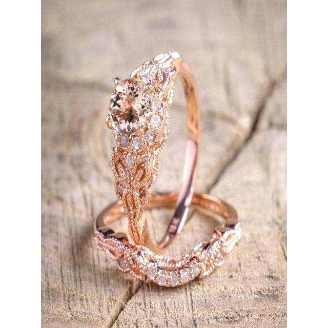Rag Jewels 925 Sterling Silver 2.00 Ct Round Cut Morganite & Diamond Wedding Engagement Thanksgiving Christmas Bridal Ring Set 14K Rose Gold Plated For Women's -8