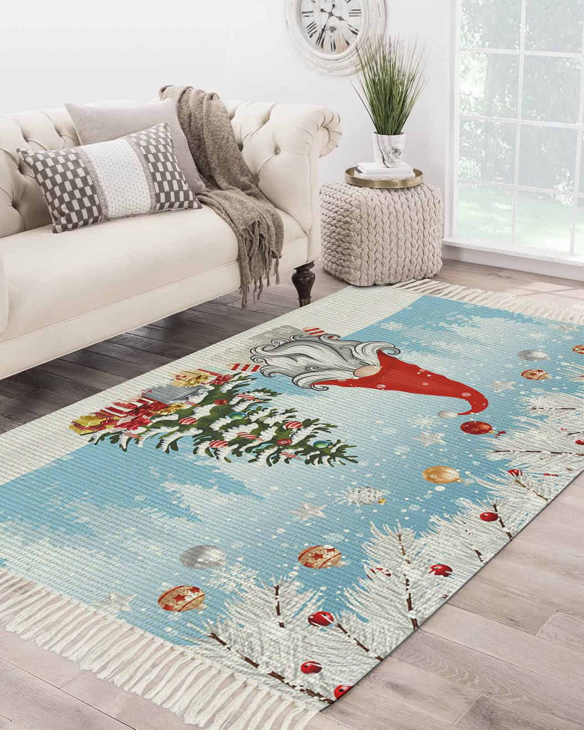 Grey Red Christmas Large Area Rug 4x6ft Woven Runner Rug,Snowflake Gnomes Xmas Tree Winter Gifts Living Room Bedroom Kitchen Bathroom Classroom Carpet with Tassels,Indoor Outdoor Throw Door Mat