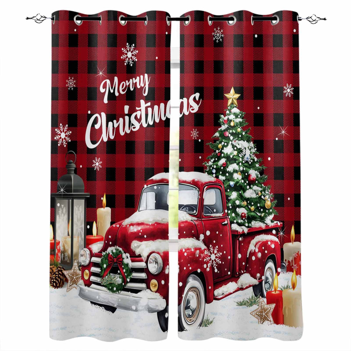 Red Truck Christmas Blackout Curtains 63 Inches Long for Bedroom,Xmas Tree Snowflake Gifts Winter Wooden Thermal Insulated Room Darkening Black Out Window Curtain Panels Grommet Living Room Drapes