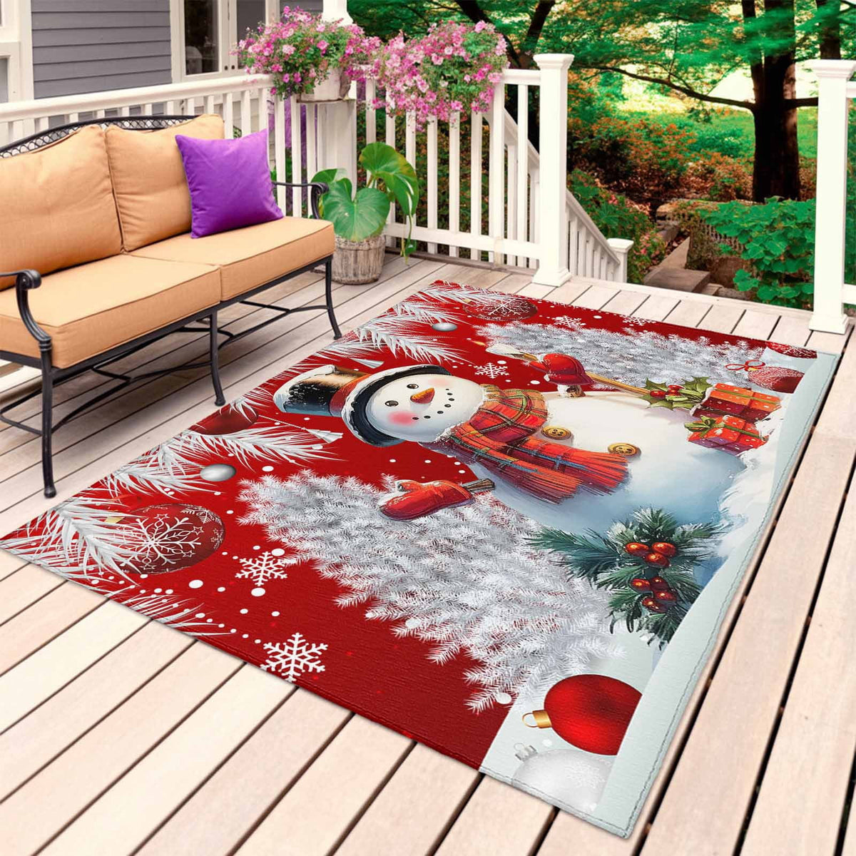 Grey Snowman Christmas Outdoor Rug for Patio/Deck/Porch, Non-Slip Large Area Rug 4 x 6 Ft, Xmas Tree Red Balls Snowflake Indoor Outdoor Rugs Washable Area Rugs, Reversible Camping Rug Carpet Runner