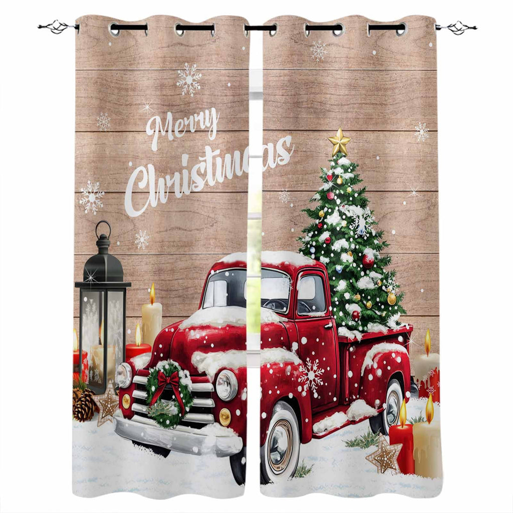 Red Truck Christmas Blackout Curtains 63 Inches Long for Bedroom,Xmas Tree Snowflake Gifts Winter Wooden Thermal Insulated Room Darkening Black Out Window Curtain Panels Grommet Living Room Drapes