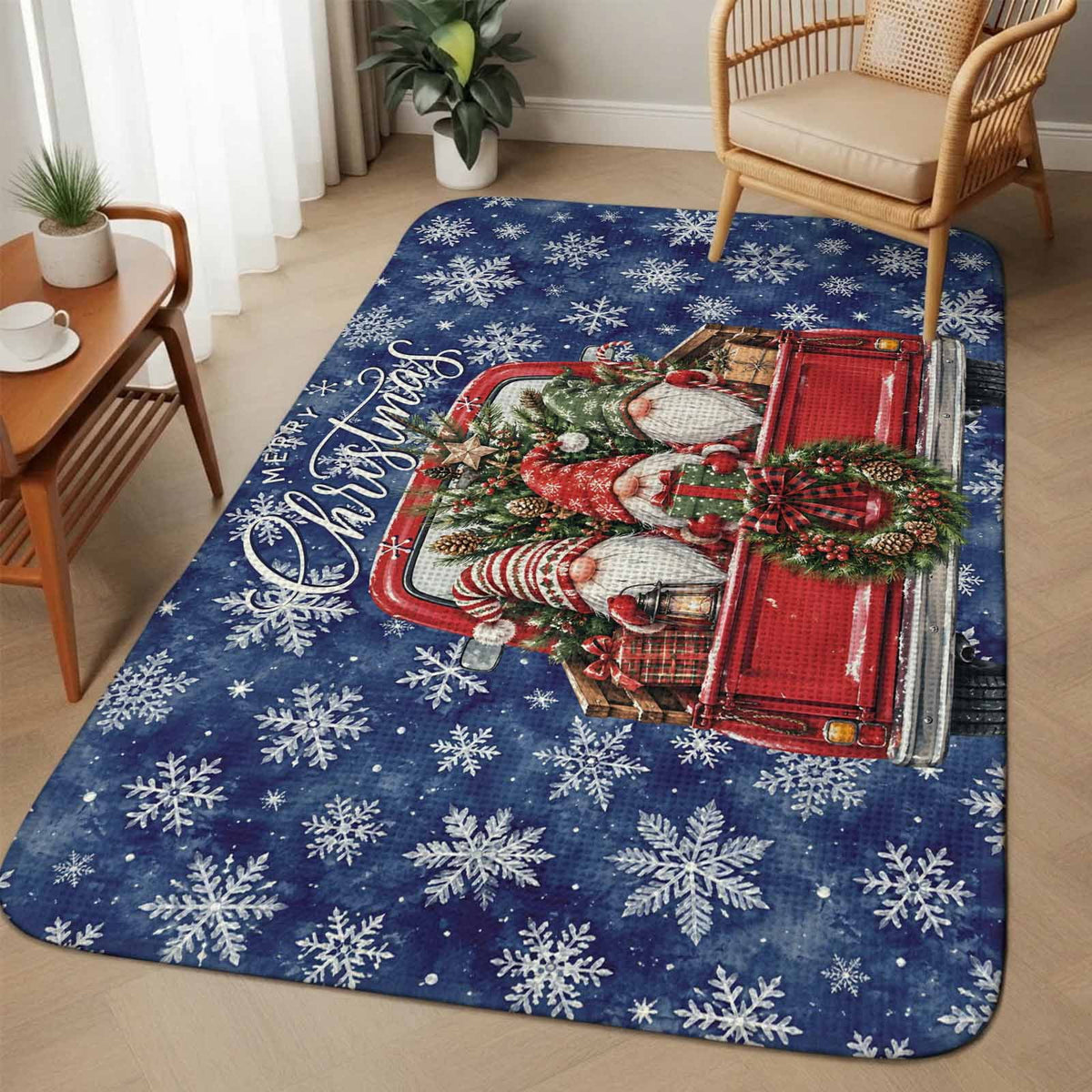 Red Truck Christmas Washable Area Rugs for Living Room Bedroom, Large Non Slip Indoor Floor Carpet Absorbent Xmas Tree Gnomes Navy Blue Snowflake Door Mat Rugs for Bathroom Entryway 63"x90.6"