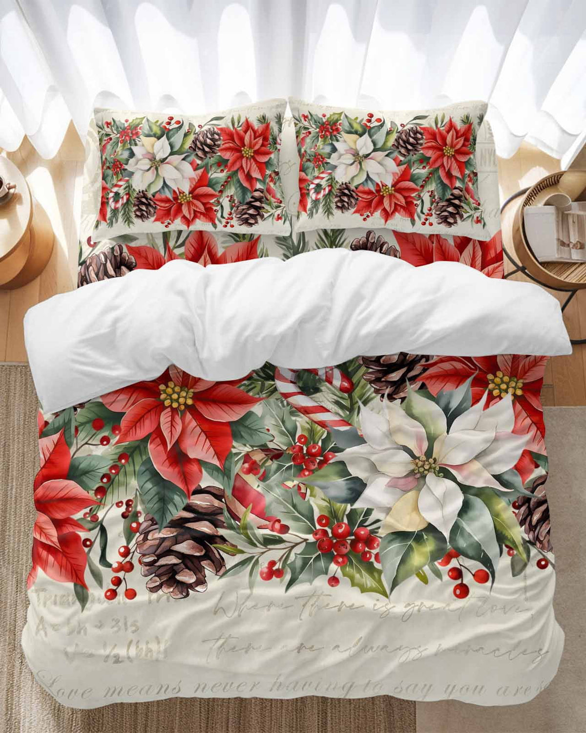 Red White Flowers Bedding Duvet Cover Set Twin 4 Pieces Pine Cone Winter Snowflakes Christmas Vintage Letter Bedding Set with Zipper Closure,1 Comforter Cover 68x90 In 1 Flat Sheet & 2 Pillow Cases