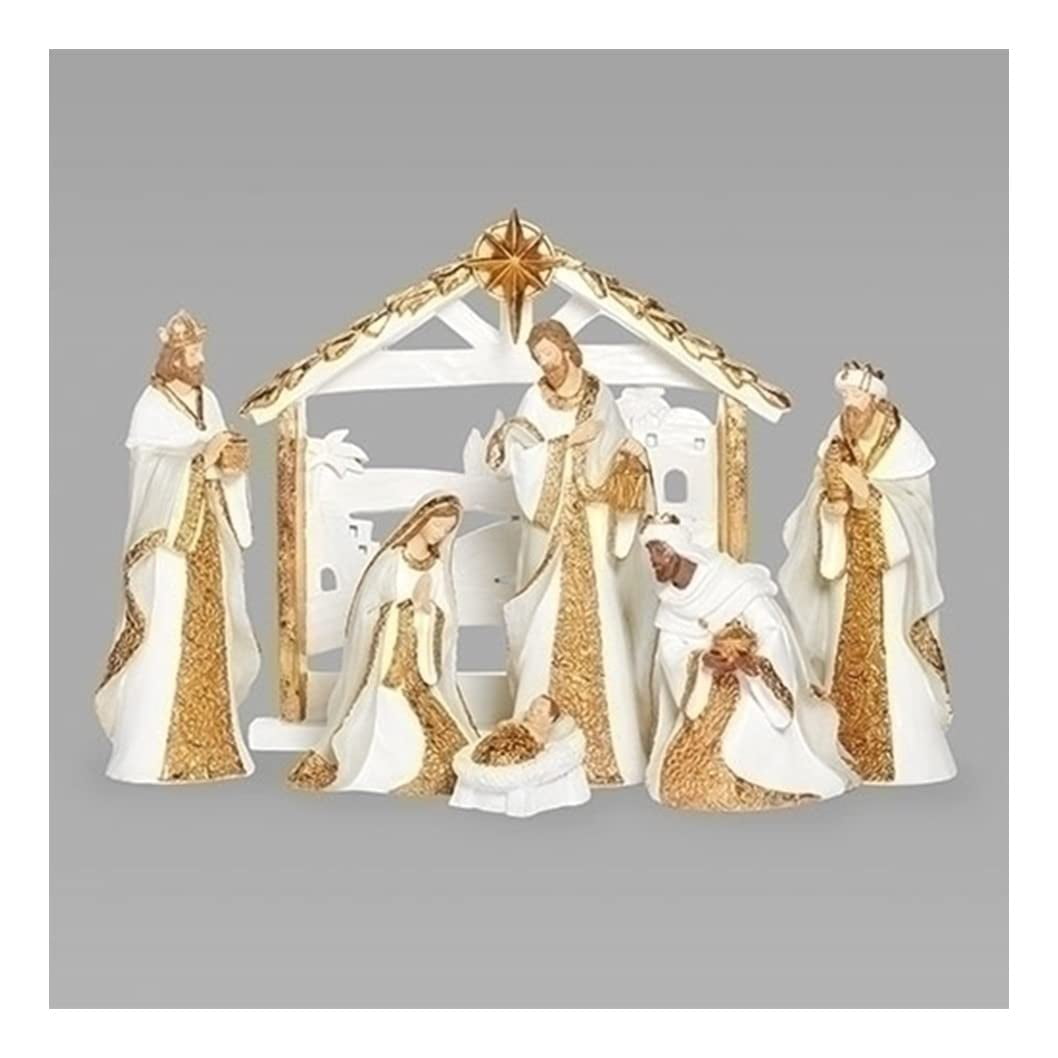 Roman Nativity Scene, Set of 7, White with Gold Pattern, 11-inch Height, Resin