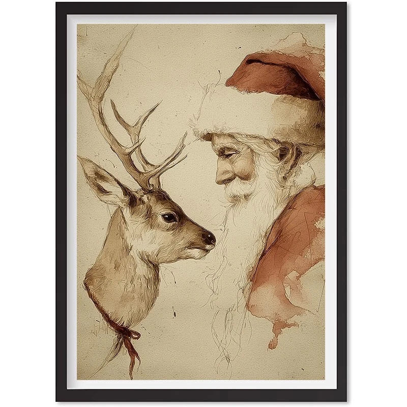 Santa And Reindeer Print Wall Art, Vintage Christmas Poster, Neutral Holiday, Matte Canvas Stretched, Posters for Room Bedroom Living Room Bathroom Wall Decor, Posters & Art Prints, Gift.
