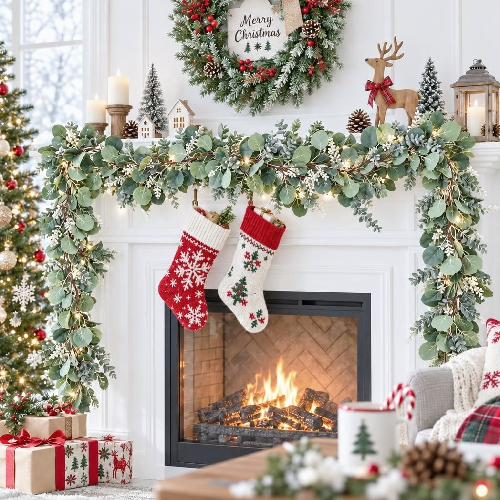 Scidweet Christmas Eucalyptus Garland, 2 Pcs 6.56 FT Artificial Greenery Garland Silver Dollar Leaves Boxwood Vines with White Buds for Home Wedding Party Table Mantle Xmas Decor