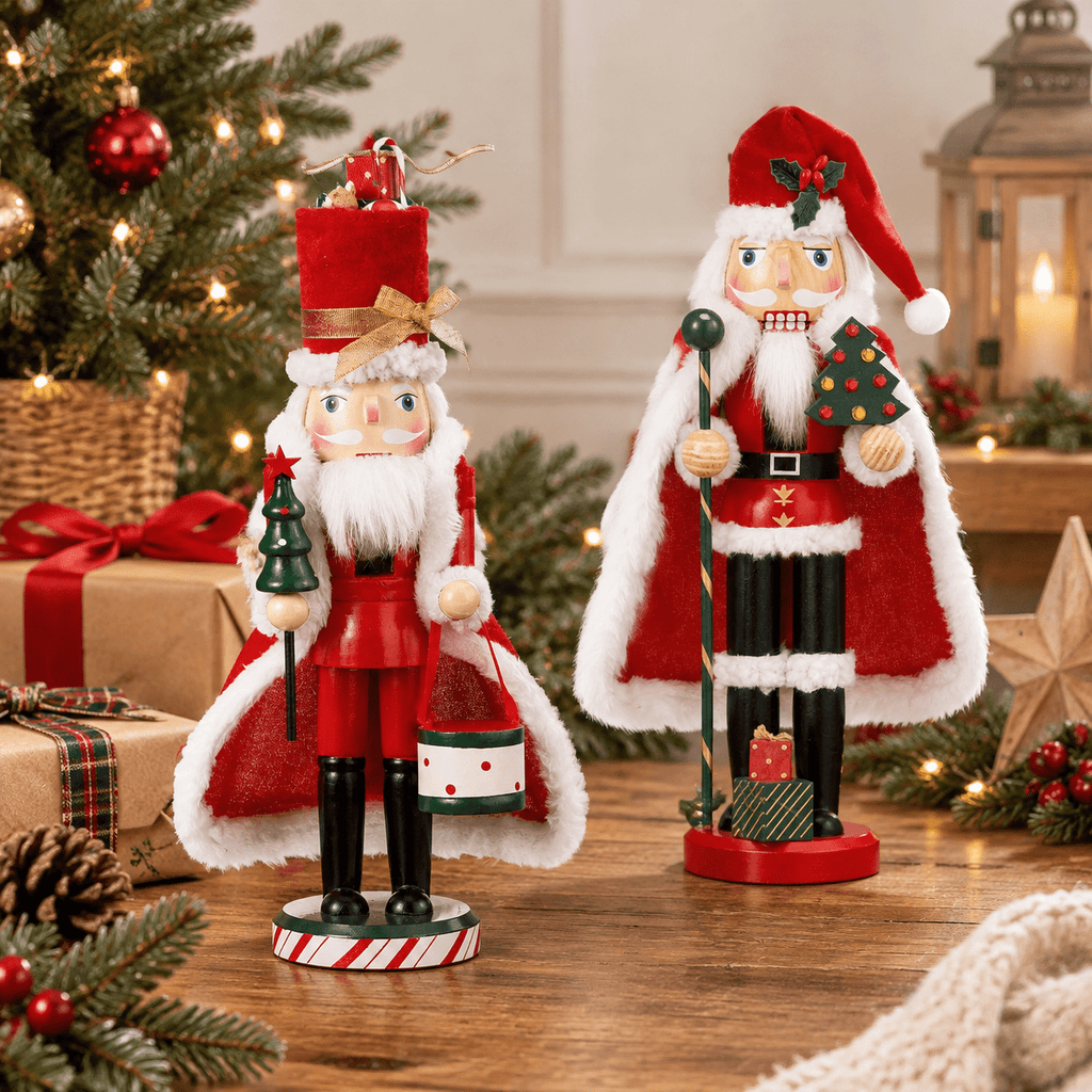 Set of 2 Wooden Christmas Nutcracker Figures, 14 Inch Santa Themed Holiday Decor