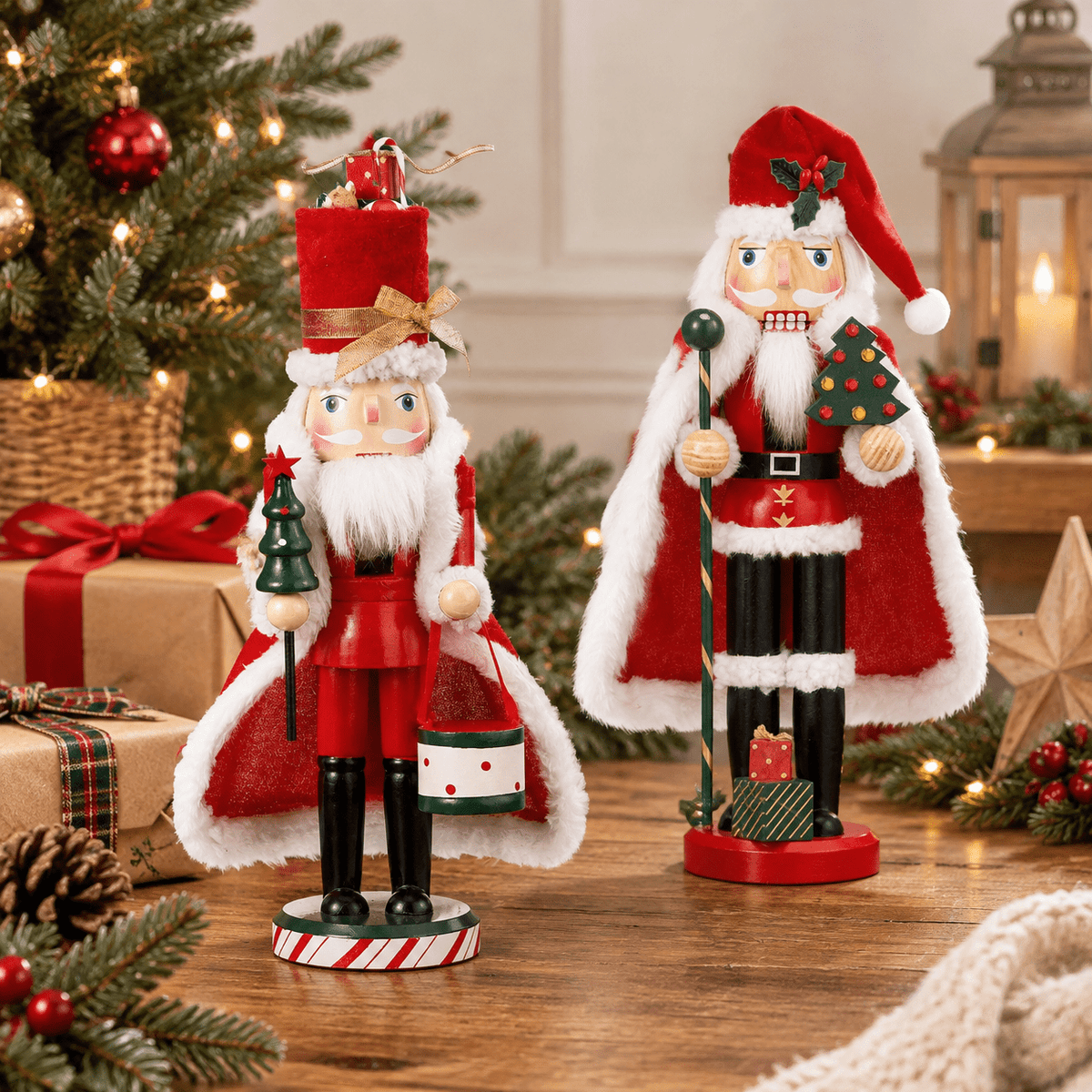 Set of 2 Wooden Christmas Nutcracker Figures, 14 Inch Santa Themed Holiday Decor