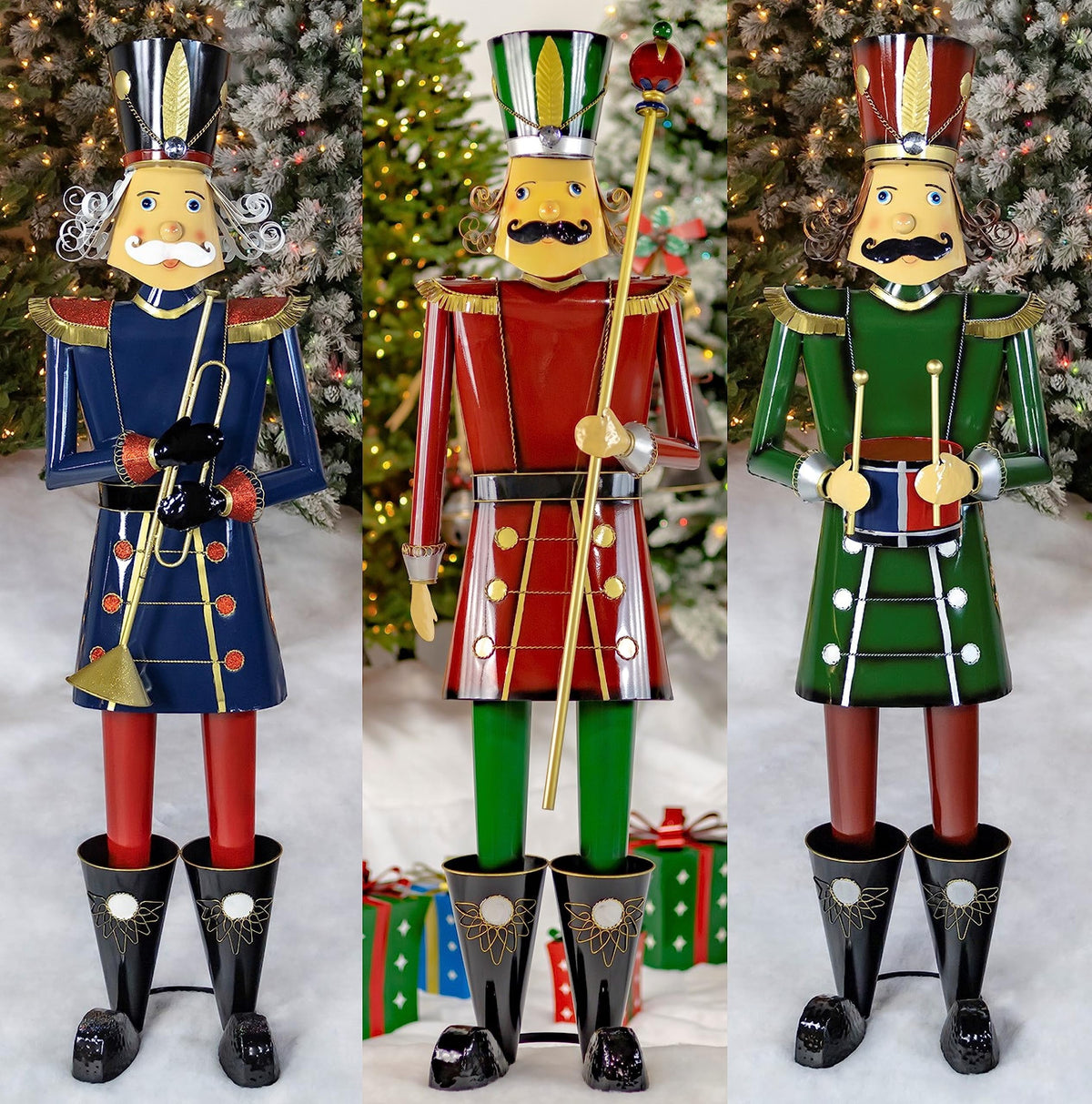 59” Tall Iron Christmas Green Nutcracker Holding Drum “Leo”