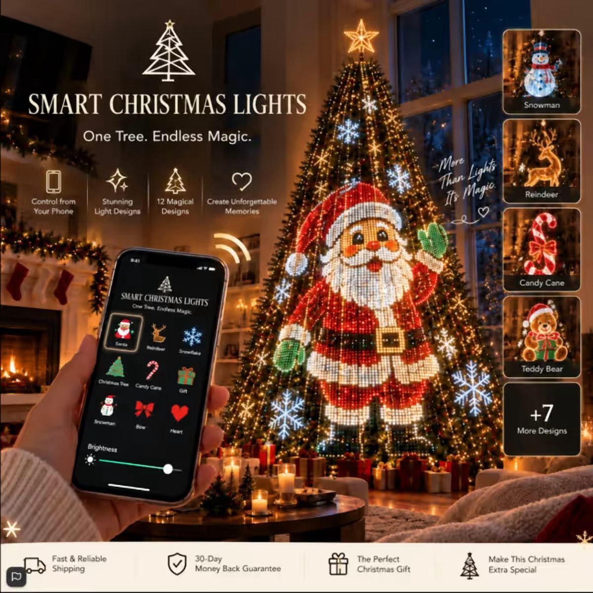 Smart Christmas Tree Lights with App Control,DIY Animation and Music Sync Effects,Festive LED Light Show for Holiday Tree Display