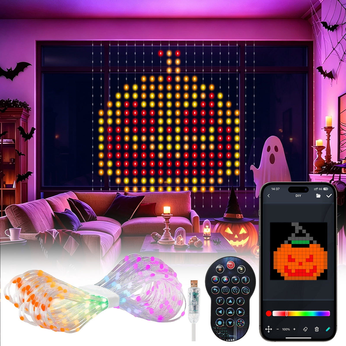 SuperRGB Smart Curtain Lights,400 LED 9.8ft x 9.8ft APP & Remote Control Color Changing RGB Dynamic DIY Fairy String Lights for Bedroom Backdrop Wall Window Decor