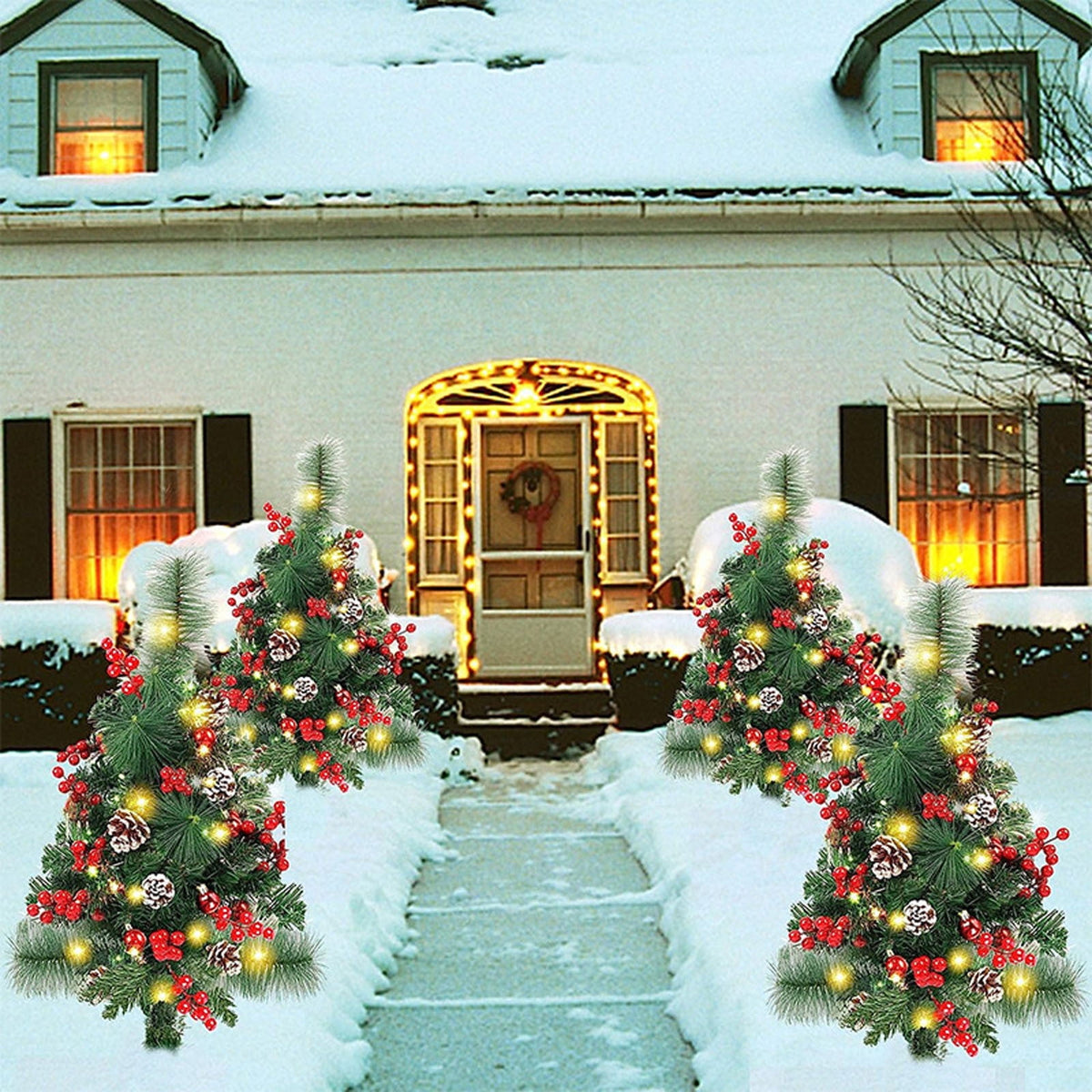 Solar Christmas Tree，Waterproof Christmas Tree Decorations for Porch, Outdoor Christmas Trees for Yard Garden Lawn Pathway with LED Lights, Red Berries, Xmas Ornaments