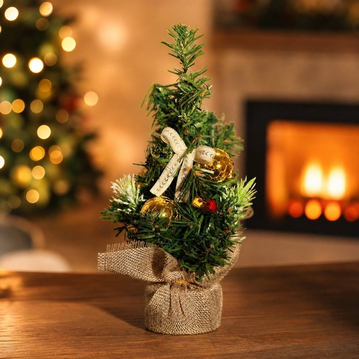 Surpdew Mini Christmas Tree Table Top Decorations- 9" Artificial Small Pine Trees with Burlap Base on Desktop, Shelves, Bedroom, Miniature Scenes Xmas for Home, Office, Party Decor