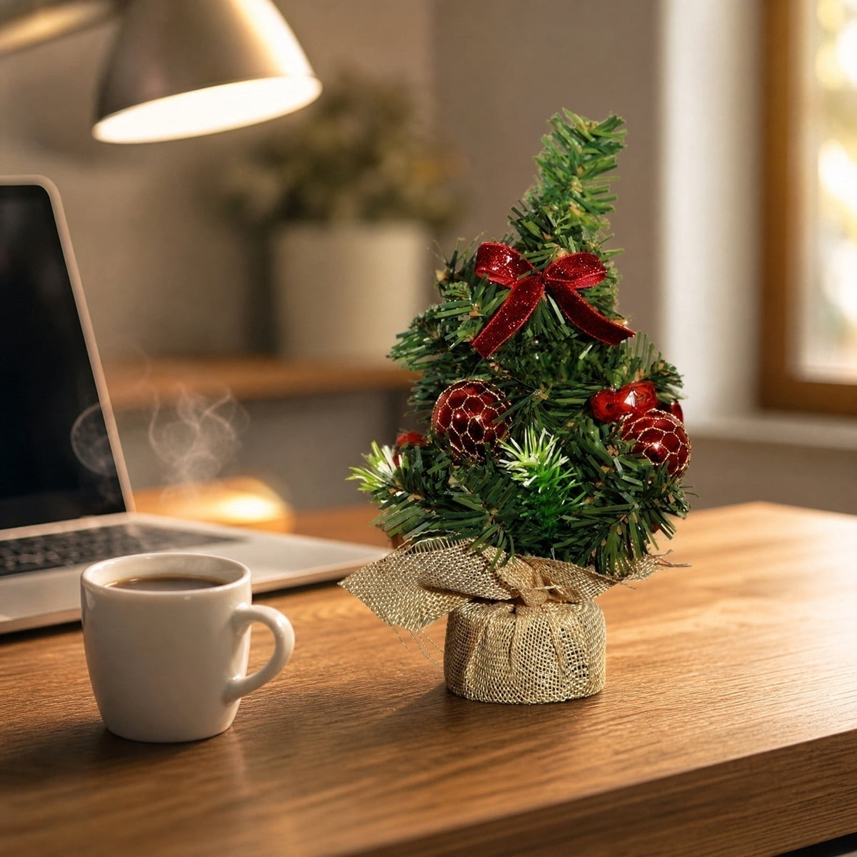 Surpdew Mini Christmas Tree Table Top Decorations- 9" Artificial Small Pine Trees with Burlap Base on Desktop, Shelves, Bedroom, Miniature Scenes Xmas for Home, Office, Party Decor
