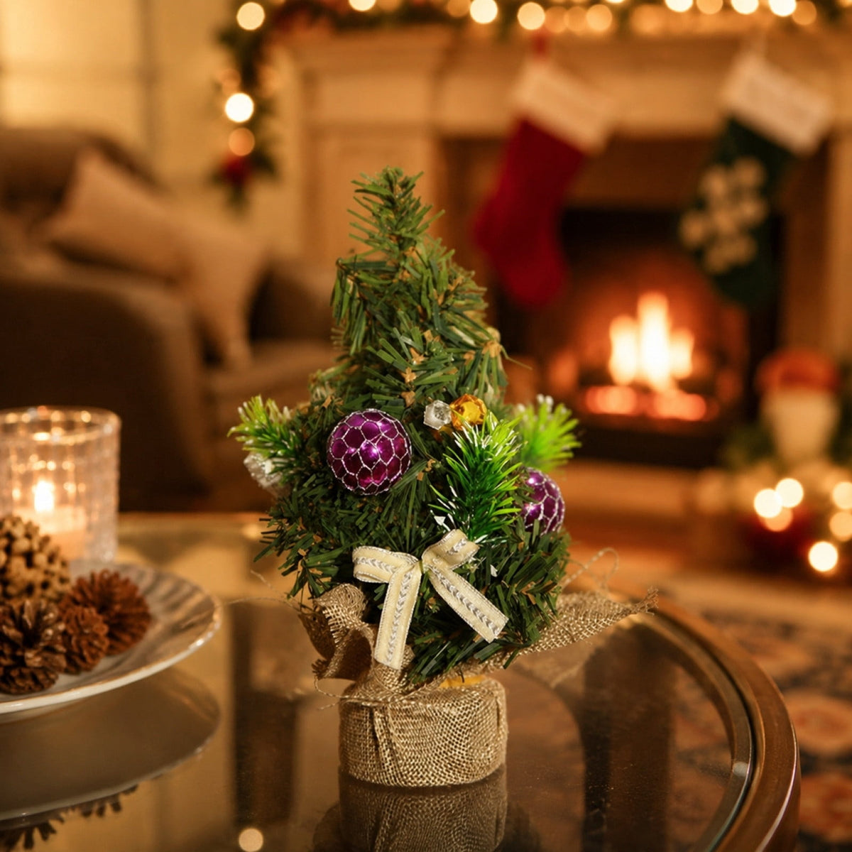 Surpdew Mini Christmas Tree Table Top Decorations- 9" Artificial Small Pine Trees with Burlap Base on Desktop, Shelves, Bedroom, Miniature Scenes Xmas for Home, Office, Party Decor