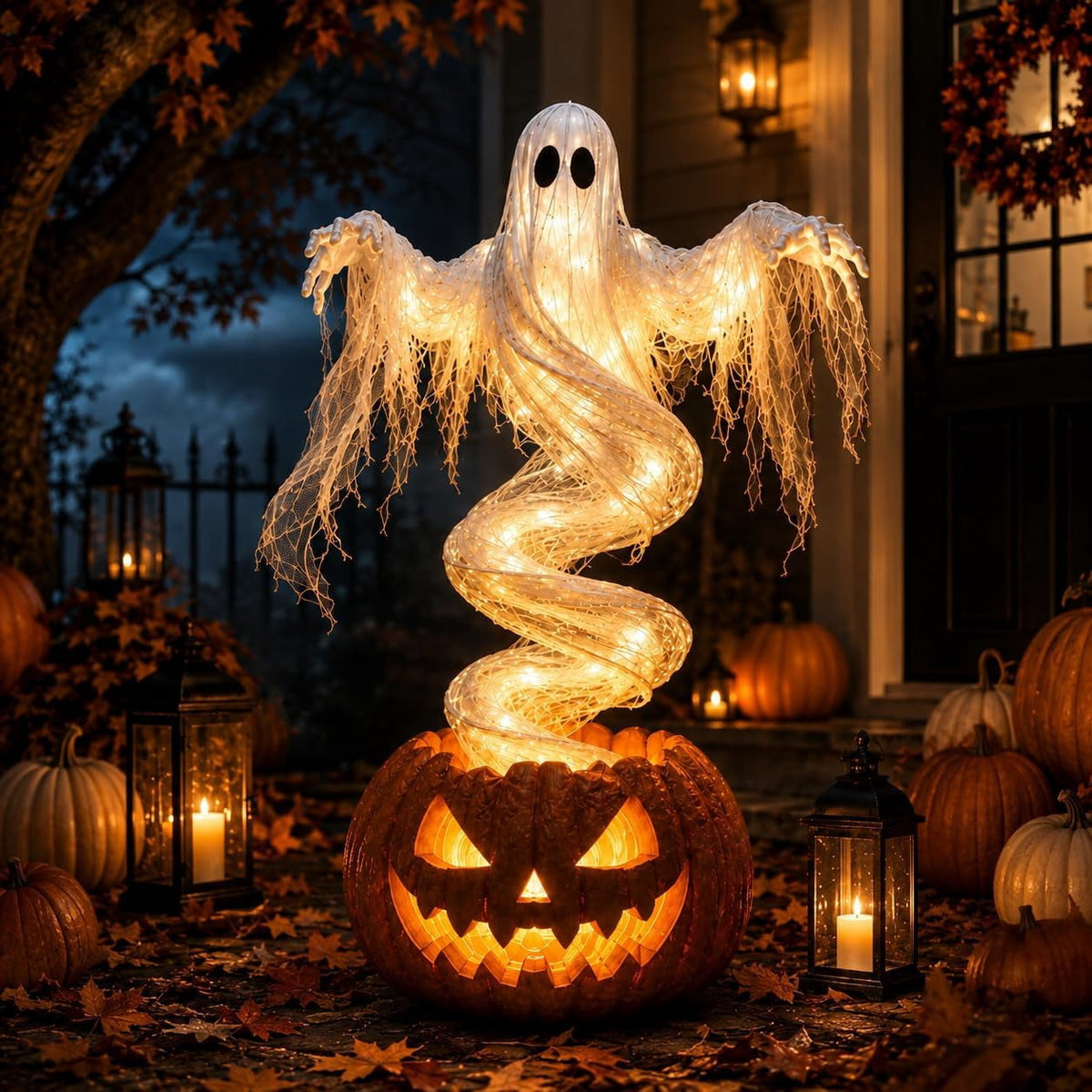 Swirling Ghost Pumpkin Yard Lamp, Outdoor Porch Decoration with Rotating Light Effect