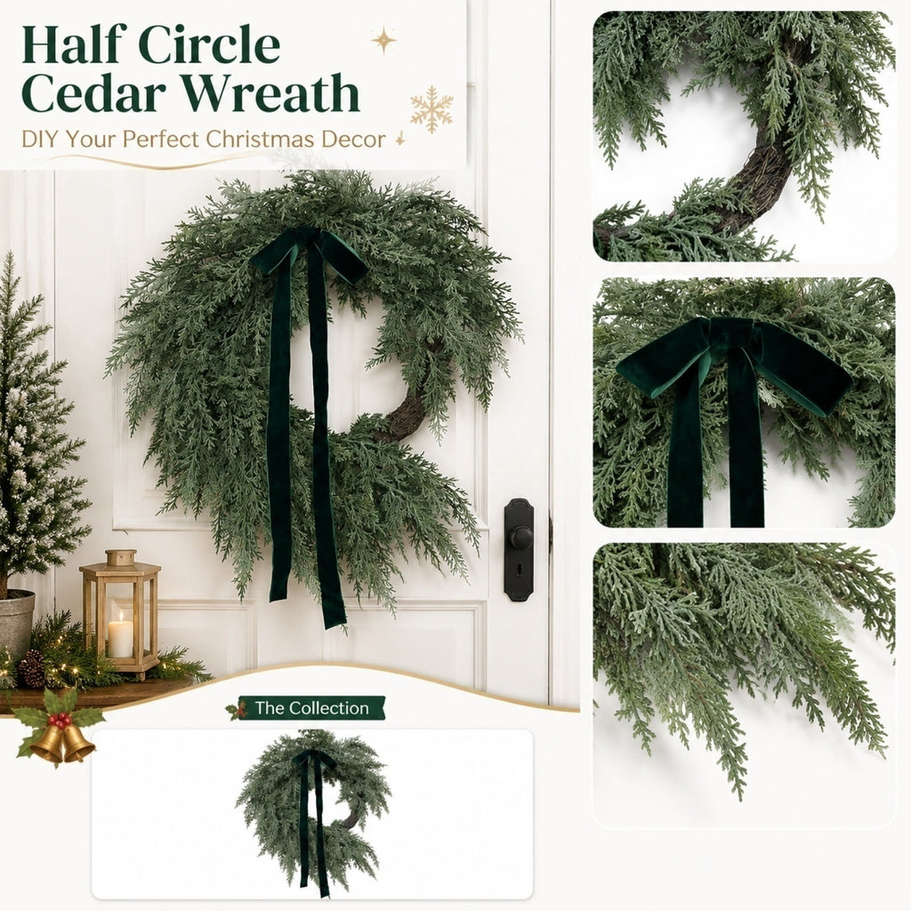 THOPBPRK Artificial Cedar Half Wreath for Front Door Christmas Decorations DIY Holiday with Bow Winter Hanging Ornament for Wall Window Home Decor, 23.6" A