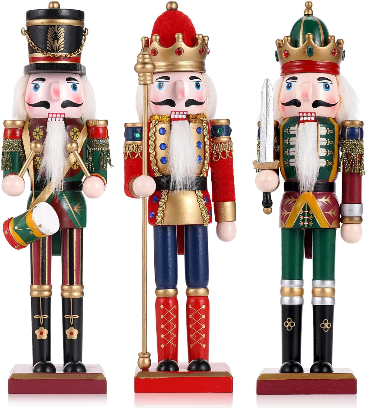 TJT 4Pc Nutcracker Decorations Set, Wooden Nutcracker Soldier Christmas Ornaments Collectible Festive Xmas Figures Decor Gift Indoor, 12'' Green Red