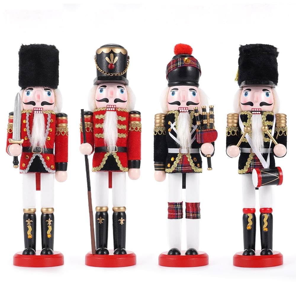 TJT 4Pc Nutcracker Decorations Set, Wooden Nutcracker Soldier Christmas Ornaments Collectible Festive Xmas Figures Decor Gift Indoor, 12'' Green Red