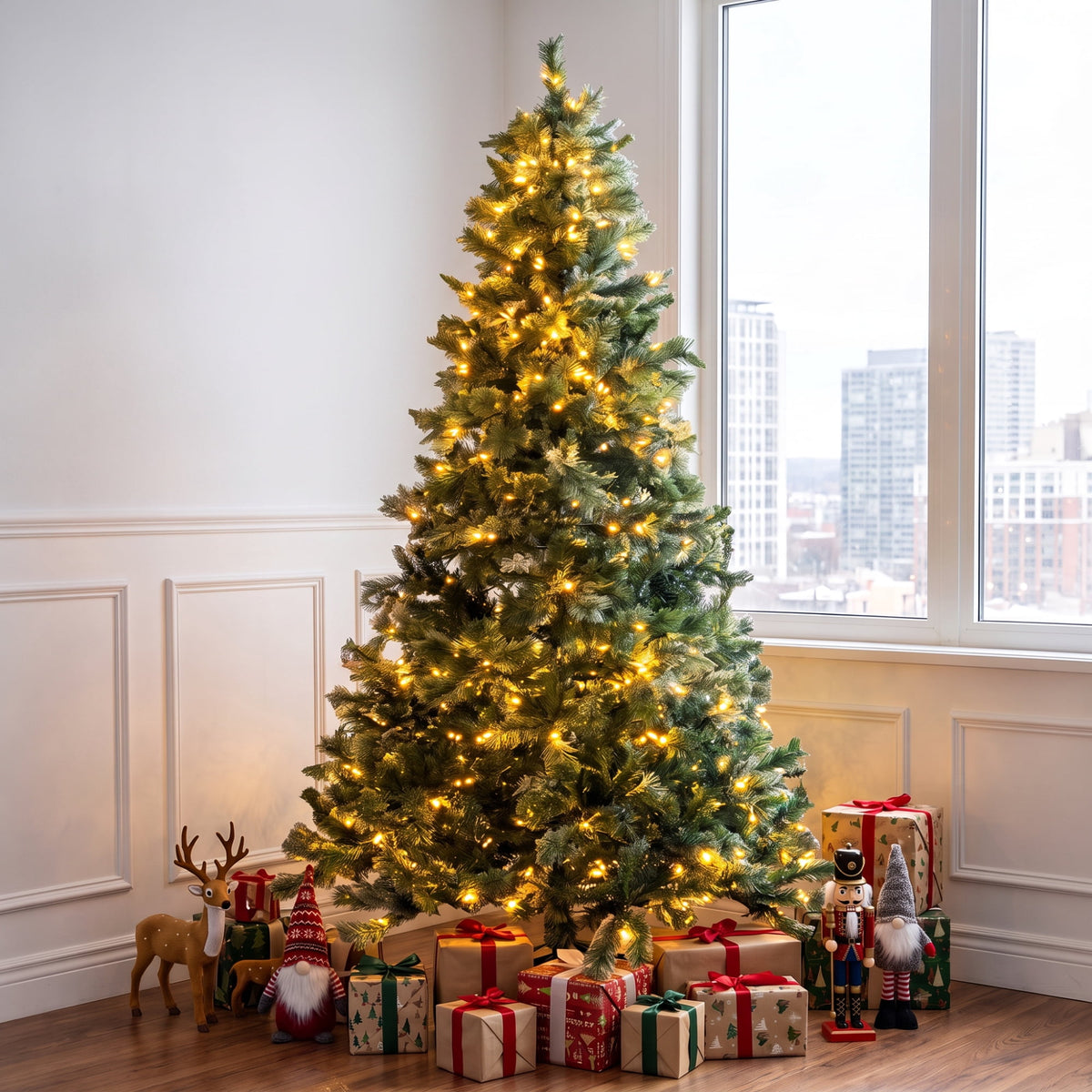 TLSUNNY 8ft Pre-lit Artificial Christmas Tree, W/ 1000 Branche Tips, 450 LED Warm Lights, Fluffy Snow Flocked Pine Tree, Metal Stand Hinged Xmas Tree for Party Holiday Decor