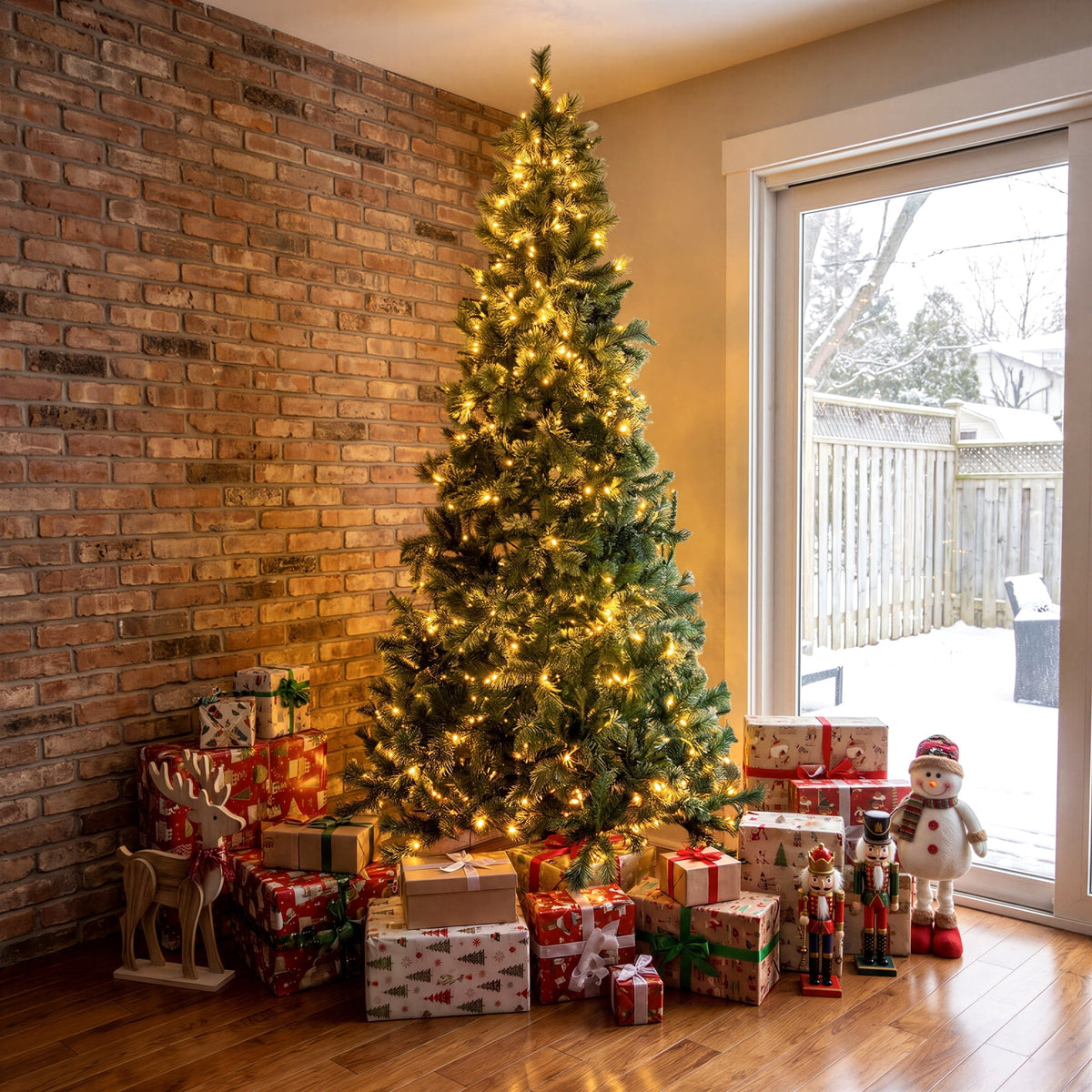 TLSUNNY 8ft Pre-lit Artificial Christmas Tree, W/ 1000 Branche Tips, 450 LED Warm Lights, Fluffy Snow Flocked Pine Tree, Metal Stand Hinged Xmas Tree for Party Holiday Decor