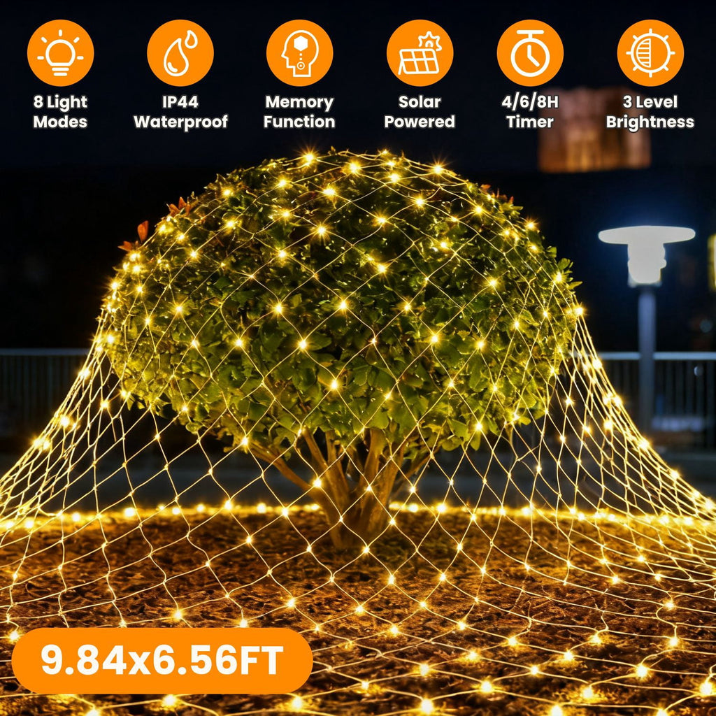TeqHome Solar Christmas Lights 192 LED 9.8x6.6Ft Christmas Net Lights IP44 Waterproof Christmas Decorations for Garden Patio Yard Xmas Party