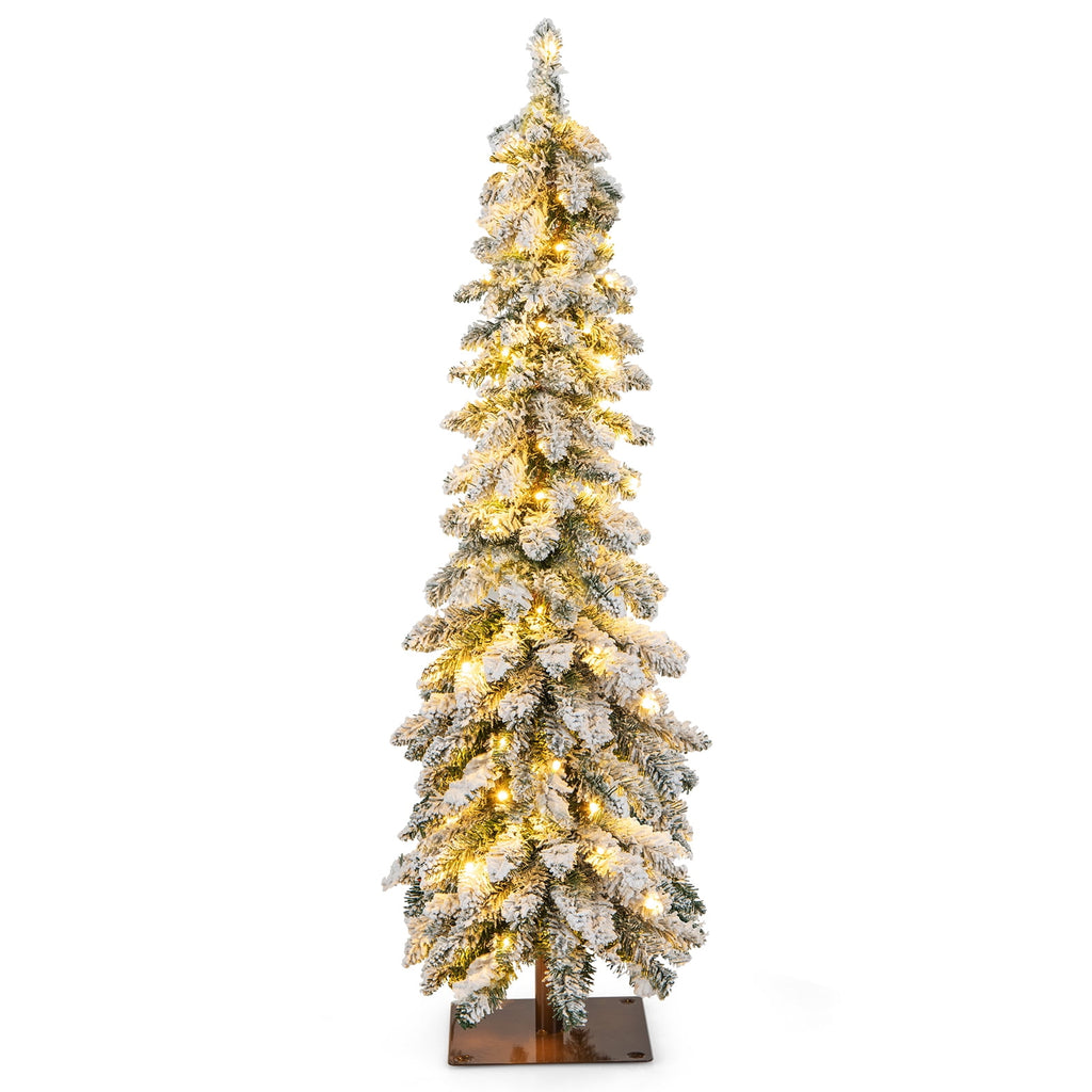 Topbuy 4FT Pre-lit Artificial Christmas Tree Snow-flocked Xmas Pencil Tree with 225 Branch Tips 100 LED Lights 2 Lighting Colors