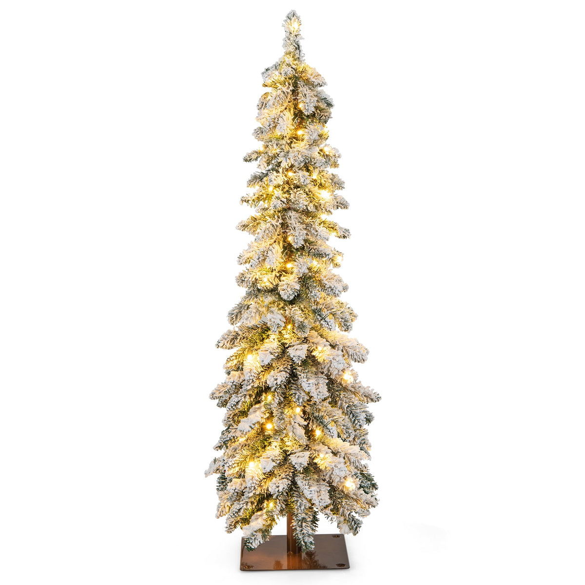 Topbuy 4FT Pre-lit Artificial Christmas Tree Snow-flocked Xmas Pencil Tree with 225 Branch Tips 100 LED Lights 2 Lighting Colors