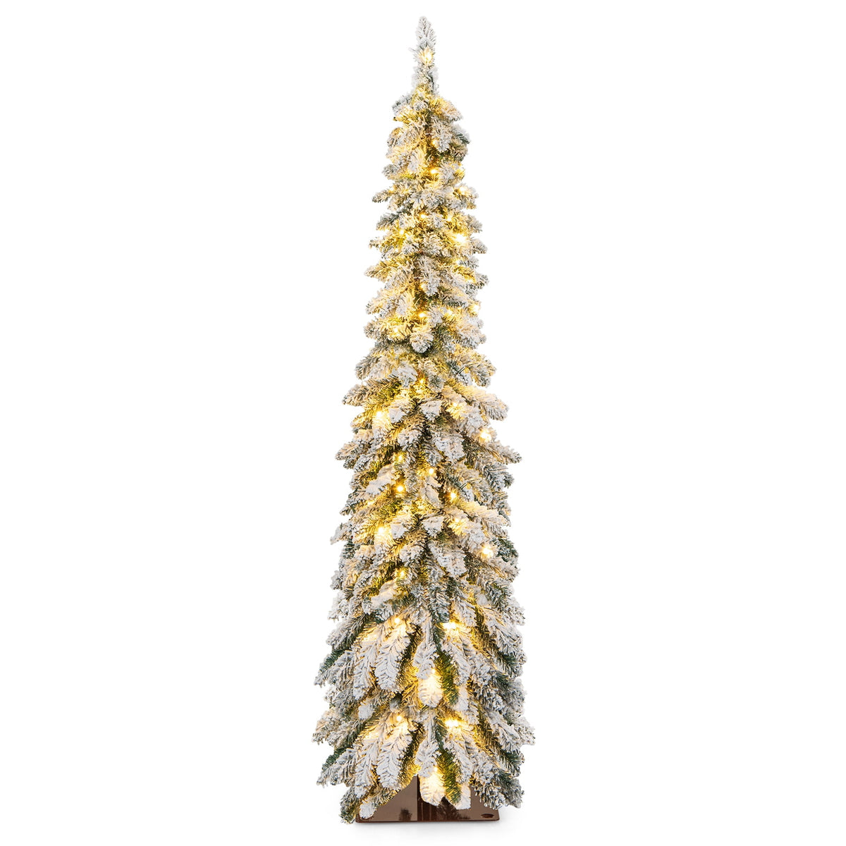 Topbuy 4FT Pre-lit Artificial Christmas Tree Snow-flocked Xmas Pencil Tree with 225 Branch Tips 100 LED Lights 2 Lighting Colors