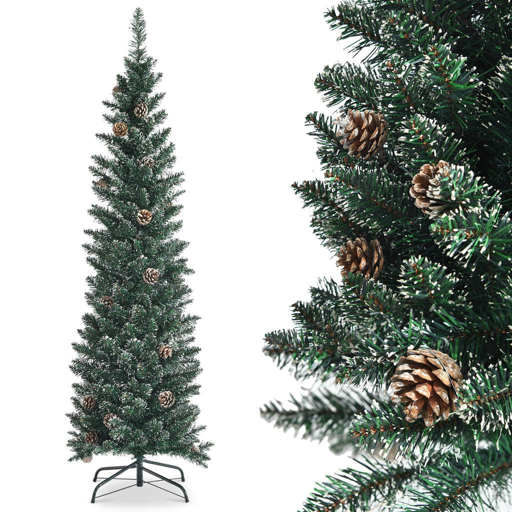 Topbuy 5FT Slim Pencil Tree Snowy Artificial Christmas Tree with 214 PVC Branch Tips & 25 Pine Cones Full Holiday Decoration Tree for Xmas