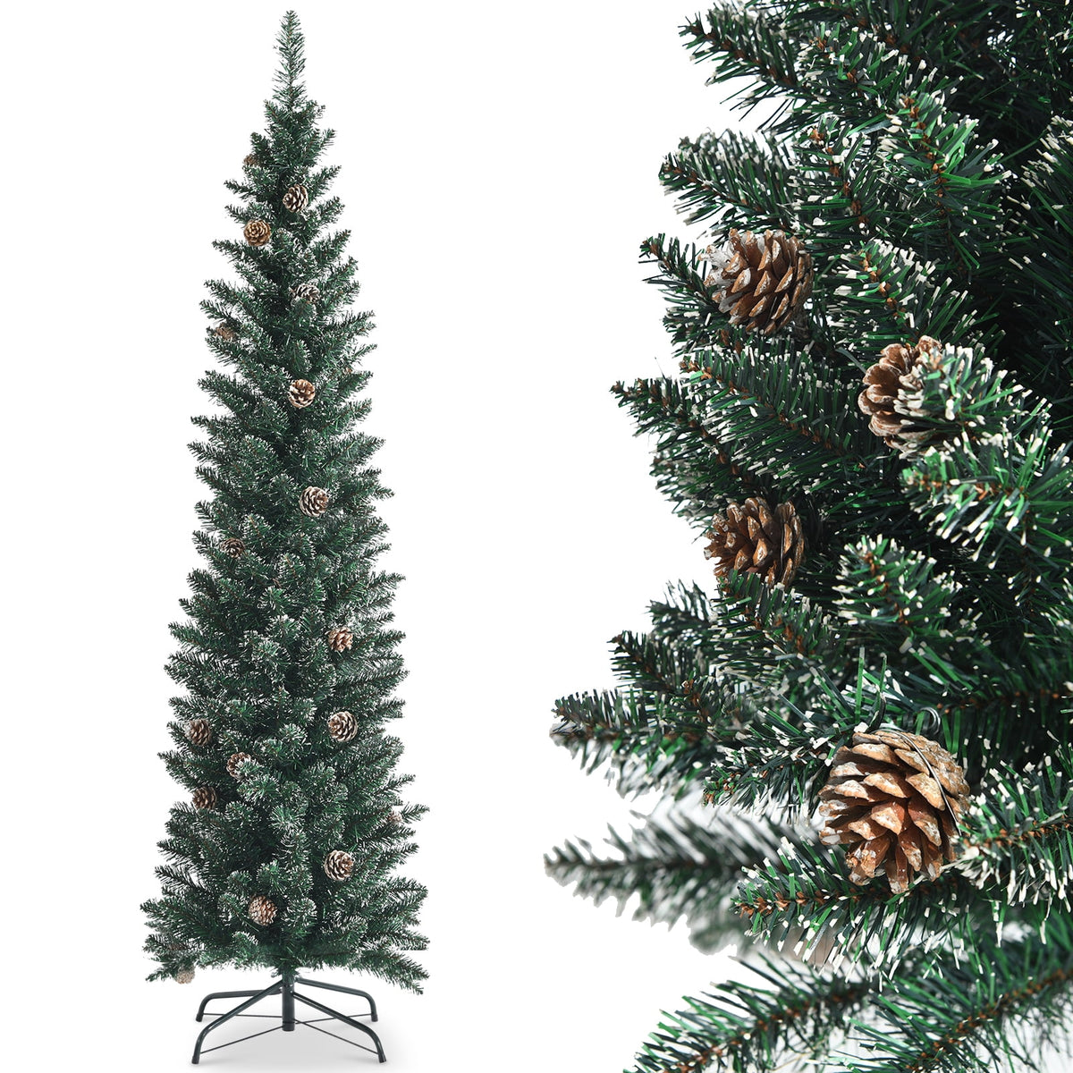 Topbuy 5FT Slim Pencil Tree Snowy Artificial Christmas Tree with 214 PVC Branch Tips & 25 Pine Cones Full Holiday Decoration Tree for Xmas