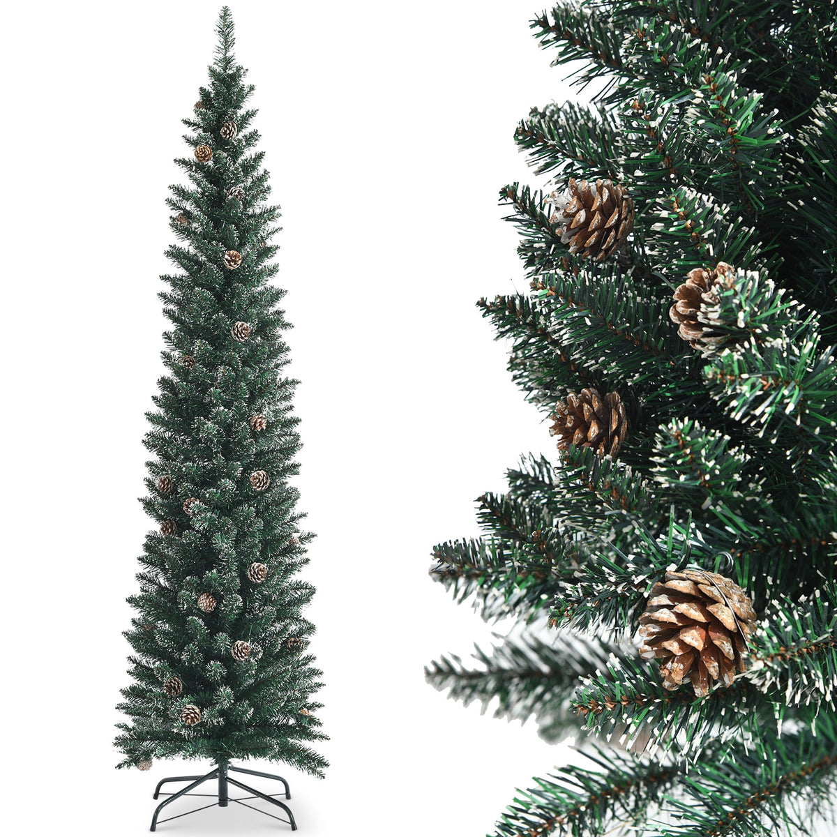 Topbuy 5FT Slim Pencil Tree Snowy Artificial Christmas Tree with 214 PVC Branch Tips & 25 Pine Cones Full Holiday Decoration Tree for Xmas
