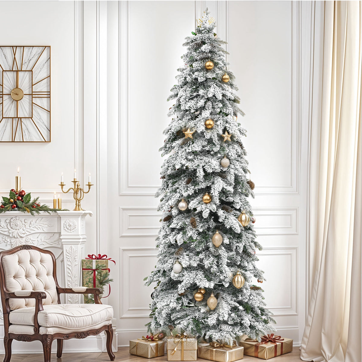 Uforic 9ft Pre-lit Flocked Pencil Spruce Christmas Tree with 1642 Branch Tips & 480 Lights, Remote Control, 11 Light Modes, White Flocked