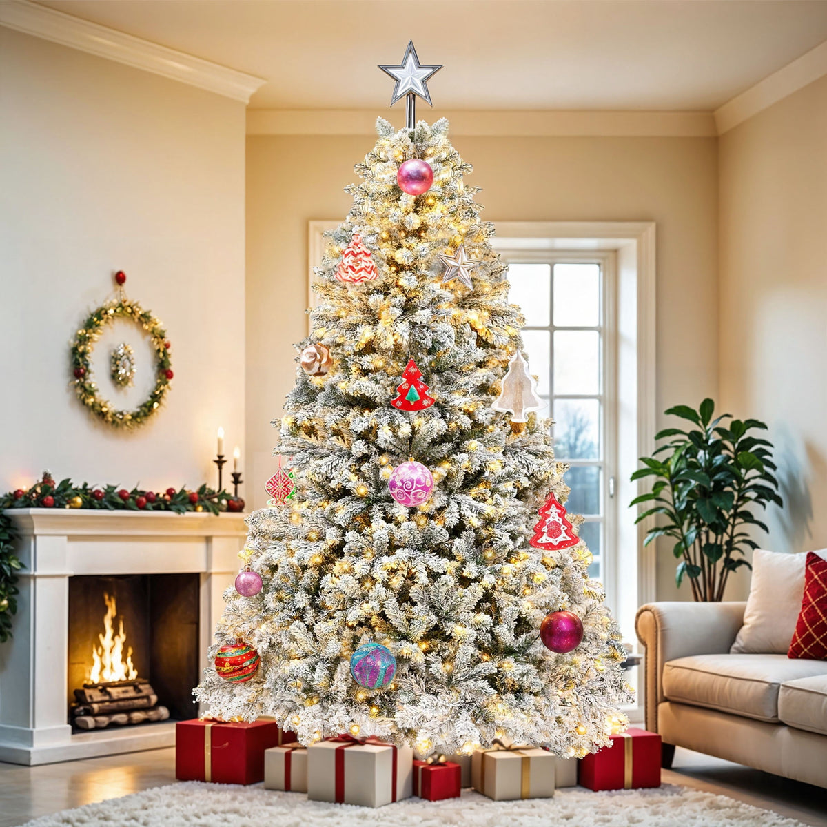 Uforic 6ft Pre-lit Snow Flocked Christmas Tree with 1000 Branch Tips & 250 Lights, Christmas Pine Tree with Remote, 11 Light Modes