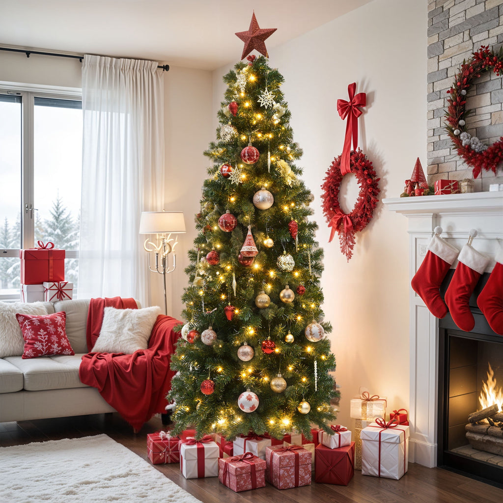 Uforic 7.5ft Pre-lit Artificial Pencil Christmas Tree with 1000 Branch Tips & 350 Lights, Remote Control, 11 Light Modes, Green