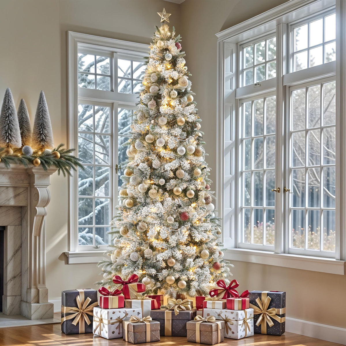 Uforic 7.5ft Pre-lit Snow Flocked Pencil Christmas Tree with 1000 Branch Tips & 350 Lights, Remote Control, White Flocked