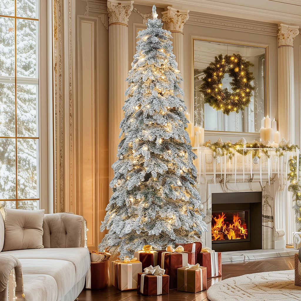 Uforic 7.5ft Snow Flocked Pencil Spruce Artificial Christmas Tree with Pinecones,Pre-Lit Holiday Christmas Pine Tree with with 800 Branch Tips,350 Lights, for Home, Office and Party Decor