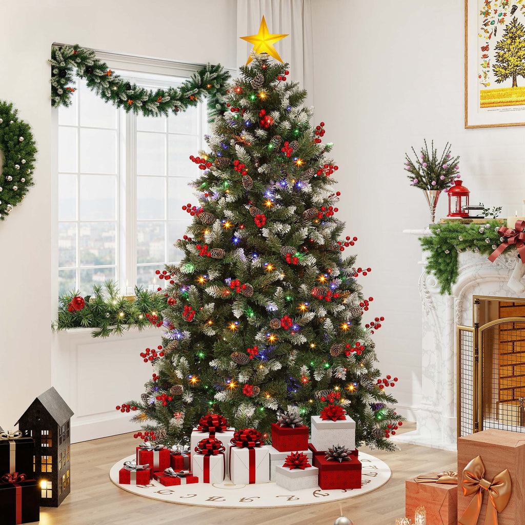Uforic 9ft Pre-Lit Artificial Hinged Christmas Tree with 2058Frosted Tips & 900 Lights, 111Pine Cones & 111Red Berries, Remote Control, Green