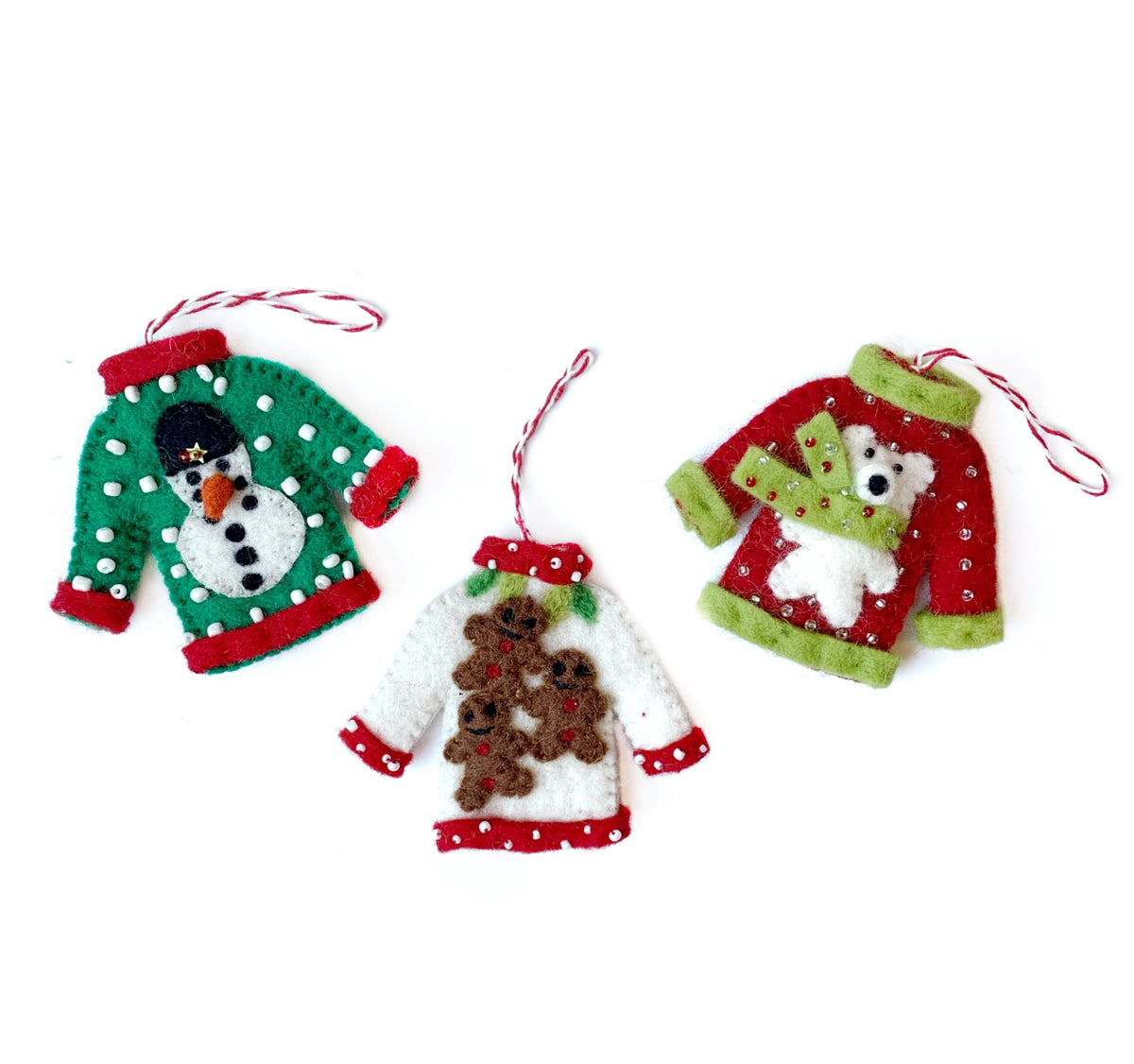Ugly Christmas Sweater Ornament Trio - Felt Wool Fair Trade Handmade Nepal
