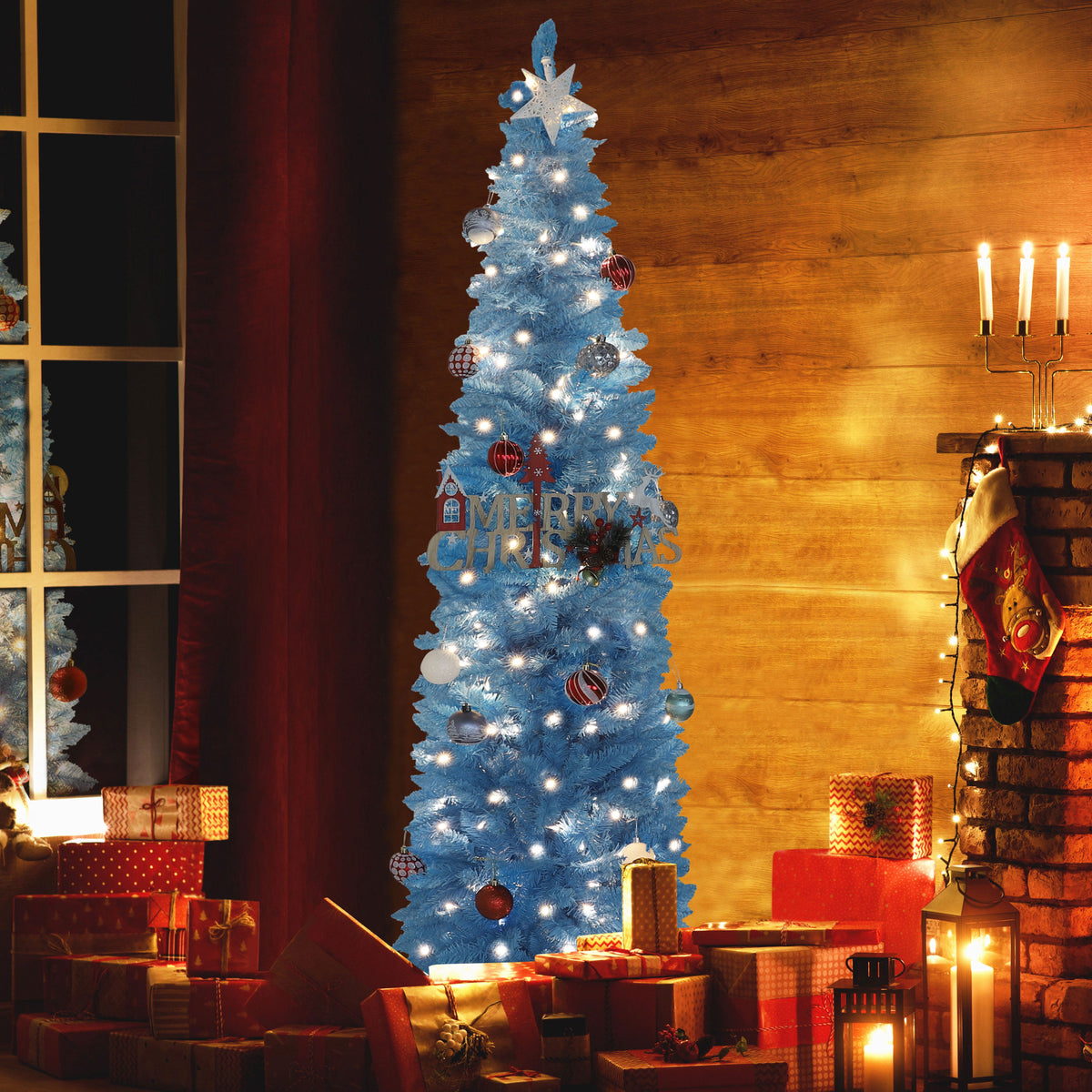 VEIKOUS 6ft Christmas Tree Crooked Neck with Topper, Prelit Xmas Tree with 200 LED Lights & 536 Branch Tips, Bendable Top Christmas Slim Tree for Holiday Decor, Green