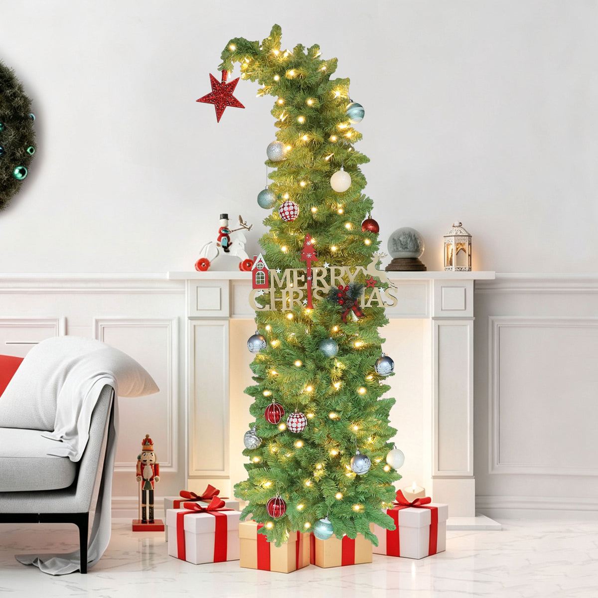 VEIKOUS 6ft Christmas Tree Crooked Neck with Topper, Prelit Xmas Tree with 200 LED Lights & 536 Branch Tips, Bendable Top Christmas Slim Tree for Holiday Decor, Green