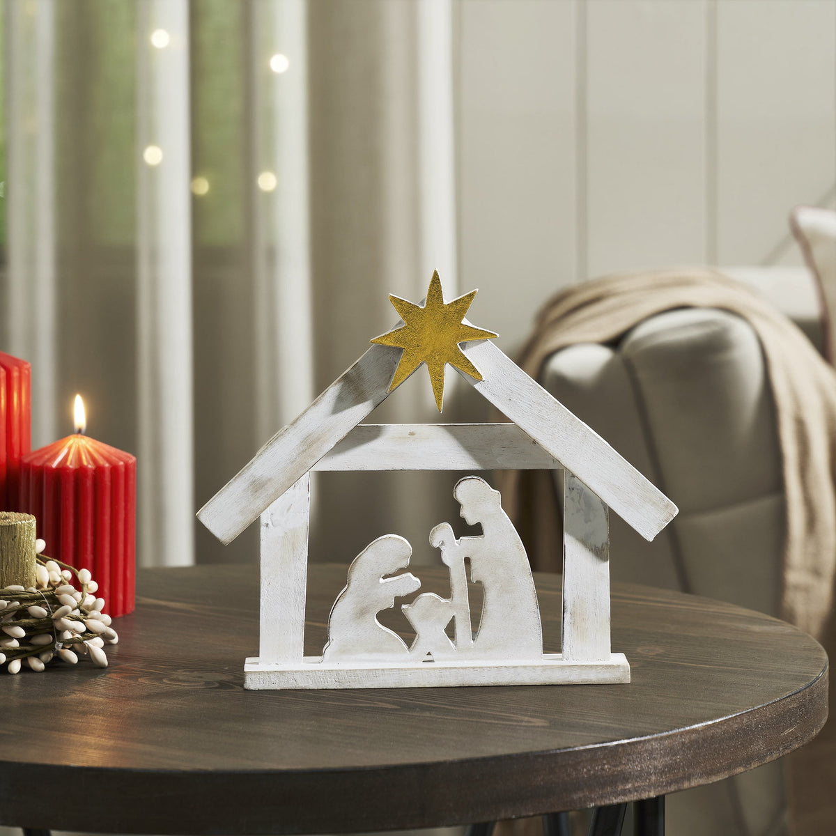 VHC Brands A Savior is Born Distressed White Wooden Nativity Scene 8.5x10x1.5